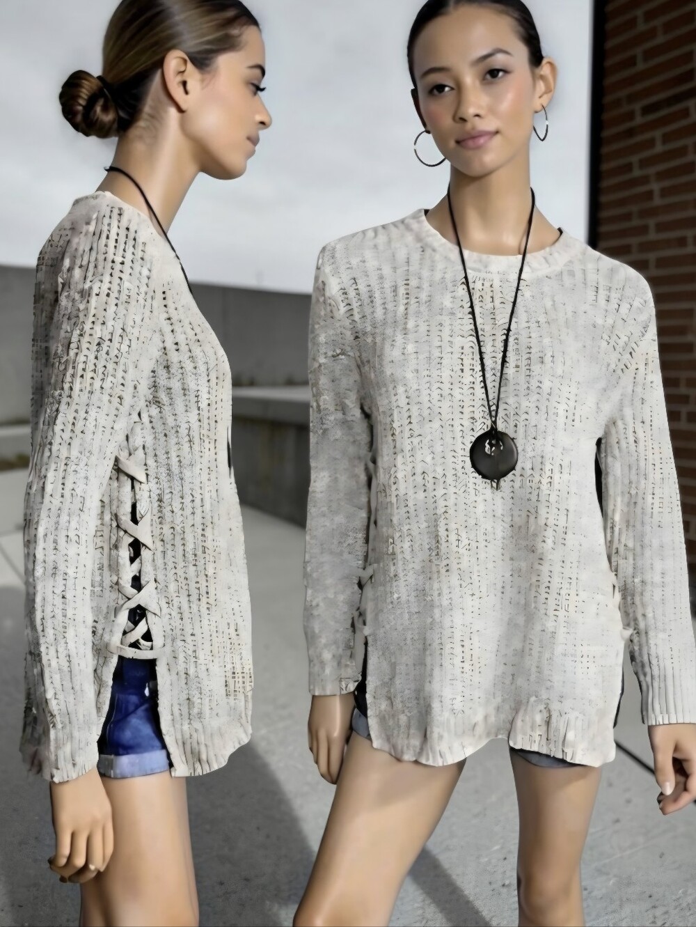 Lucky Brand Oatmeal Loose Knit Side Lattice / Lace-Up Pullover Sweater Large